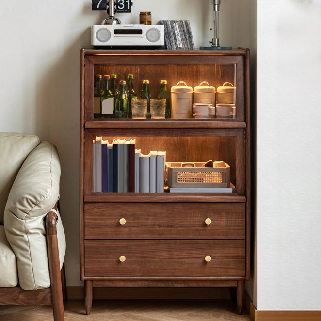 Modern Living Room Floor Cabinet Solid Wood Glass Doors with Lighting