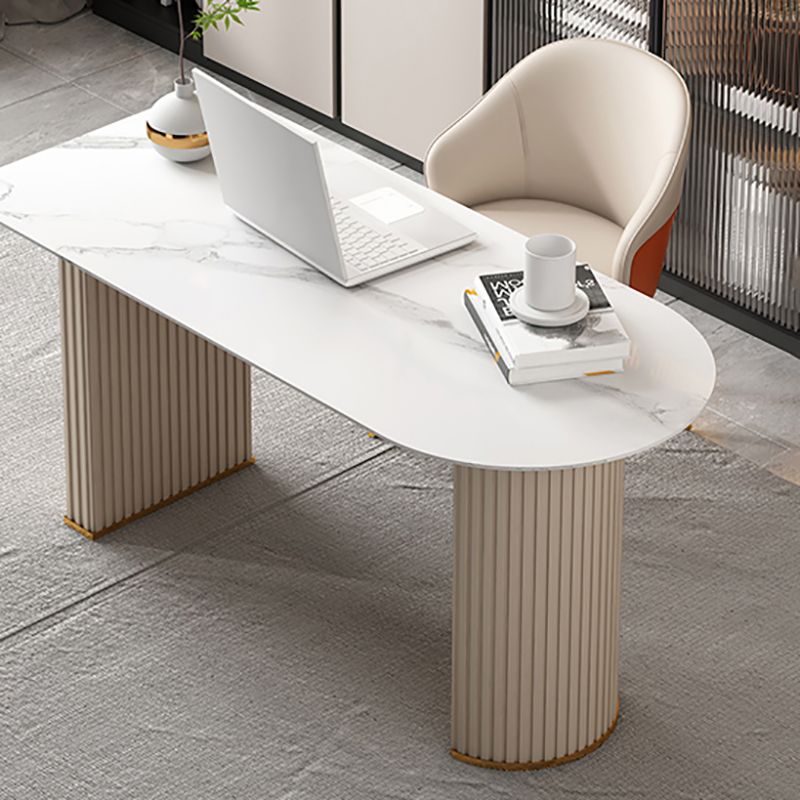 Glam Executive Desk Mirrored Peninsula Writing Desk in White Clearhalo 'furn' 'furn_office_desk' 'Furniture' 'Office Desks' 'Office Furniture' 'office_desk' 1200x1200_71cd3978-48ec-4697-a152-fb6919b51652