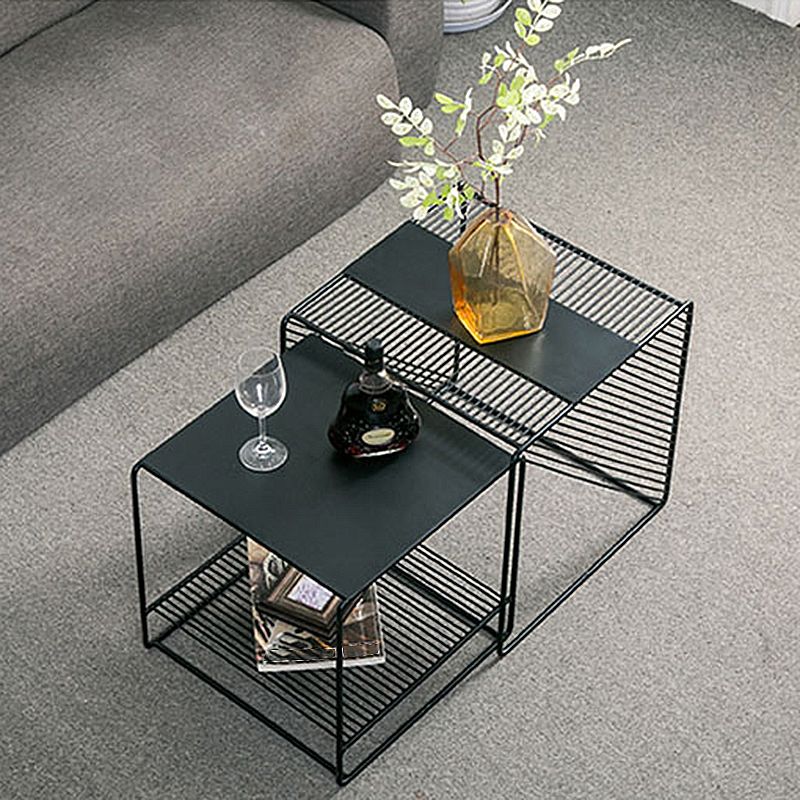 Mesa de centro cuadrada con 2 nidos y estante, juego de mesa de centro con estructura de hierro de mediados de siglo