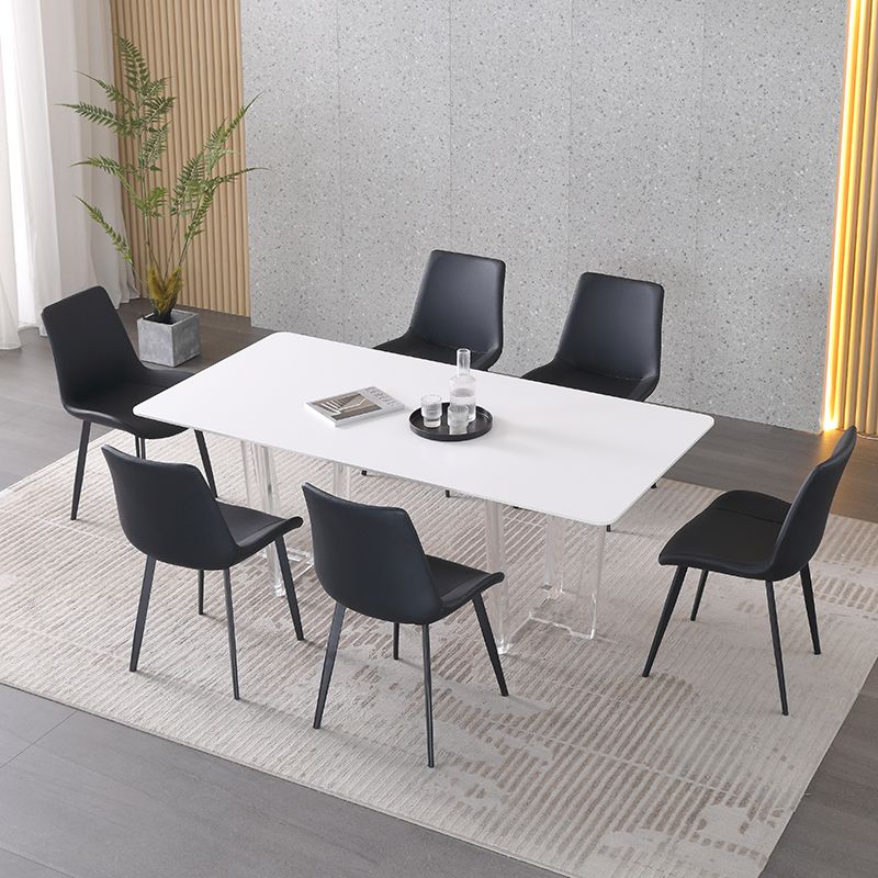 Modern Sintered Tone Top Dining Table Rectangle White with Acrylic Double Pedestal
