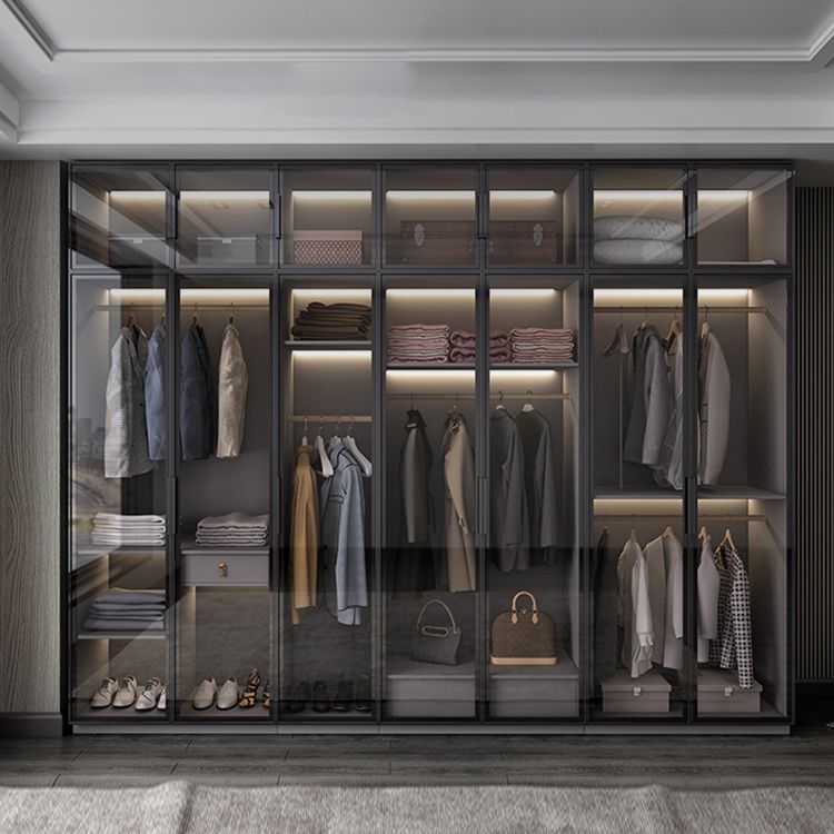 Black Manufactured Wood Cabinet with Glass Doors Modern Storage Cabinet Clearhalo 'Armoires & Wardrobes' 'armoires_wardrobes' 'Bedroom Furniture' 'furn' 'furn_armoires_wardrobes' 'Furniture' 1200x1200_724efa49-4e6a-46f4-af9f-61b74ee6f090