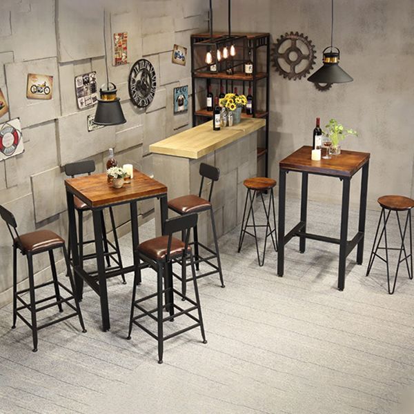 Industrial Square Solid Wood Bar Table Set 1/2/3/5 Pieces Counter Table with High Stools