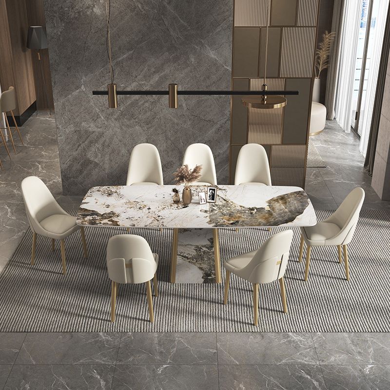 Contemporary Stone Dining Table Rectangle Table with Pedestal Base Clearhalo 'Dining Tables & Seating' 'Dining Tables' 'dining_table' 'furn' 'furn_dining_table' 'Furniture' 'Kitchen & Dining Furniture' 1200x1200_72786b3f-27e0-4e72-8846-931c62180886
