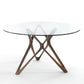 Modern Round Glass Desktop Dining Table Walnut Base for Dining Room
