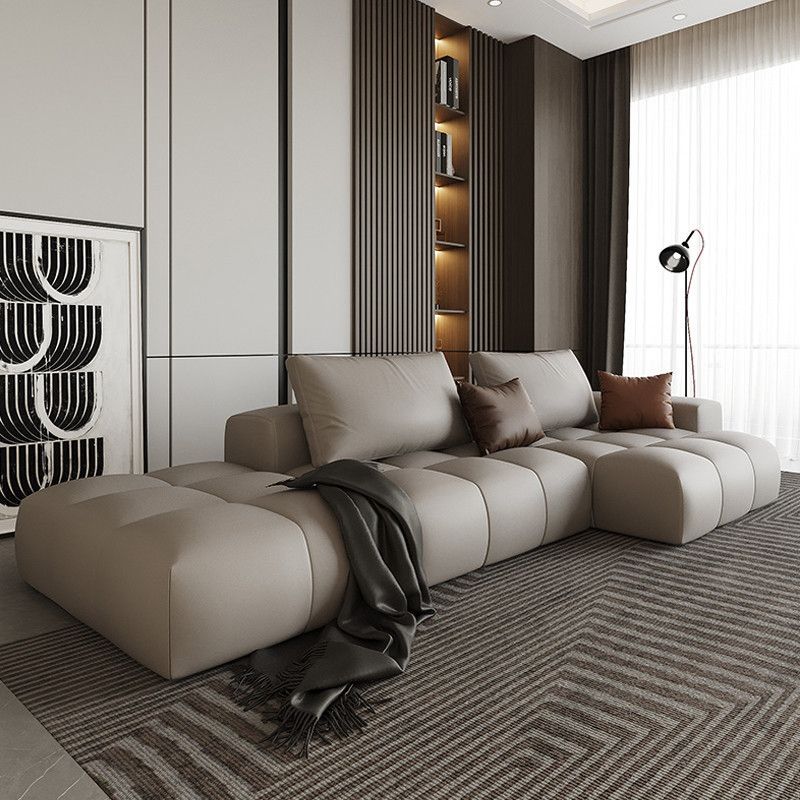 Brown 4-seat Leather Sectional Sofa L-shape Sectional with Pillows