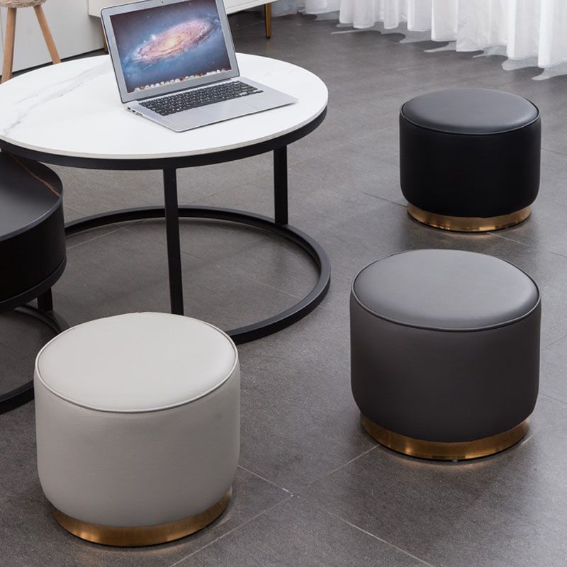 Glam Round Shape Ottoman Genuine Leather Upholstered Standard