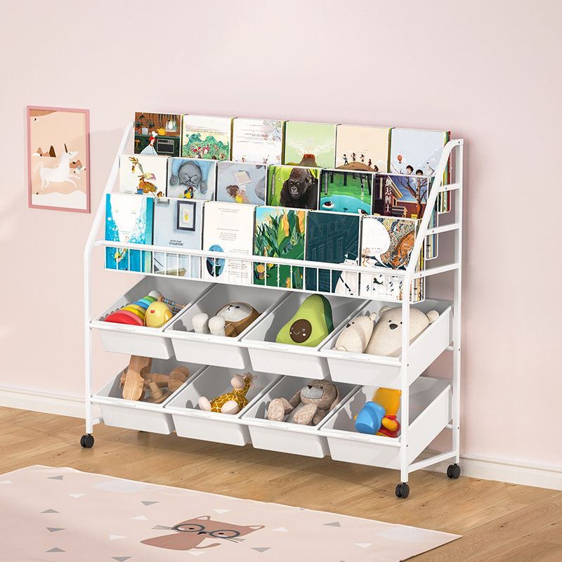 White Bookshelf Contemporary Style Bookcase for Study Room with Casters