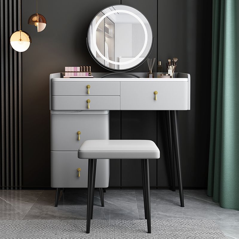 Wood and Metal Vanity Table with Stone Top Makeup Desk in Grey/Orange