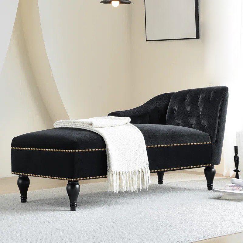 Modern Velvet Upholstered Cushioned One Armed Chaise Lounge with Nailhead Trim