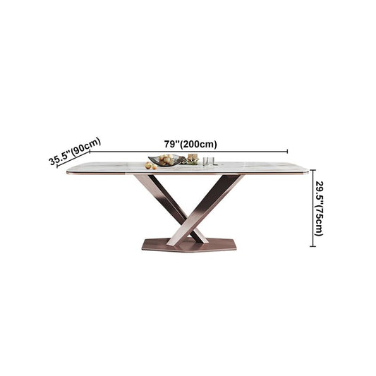 Glam Rectangle White Dining Table Sintered Stone Top Kitchen Dining Table with Pedestal Base