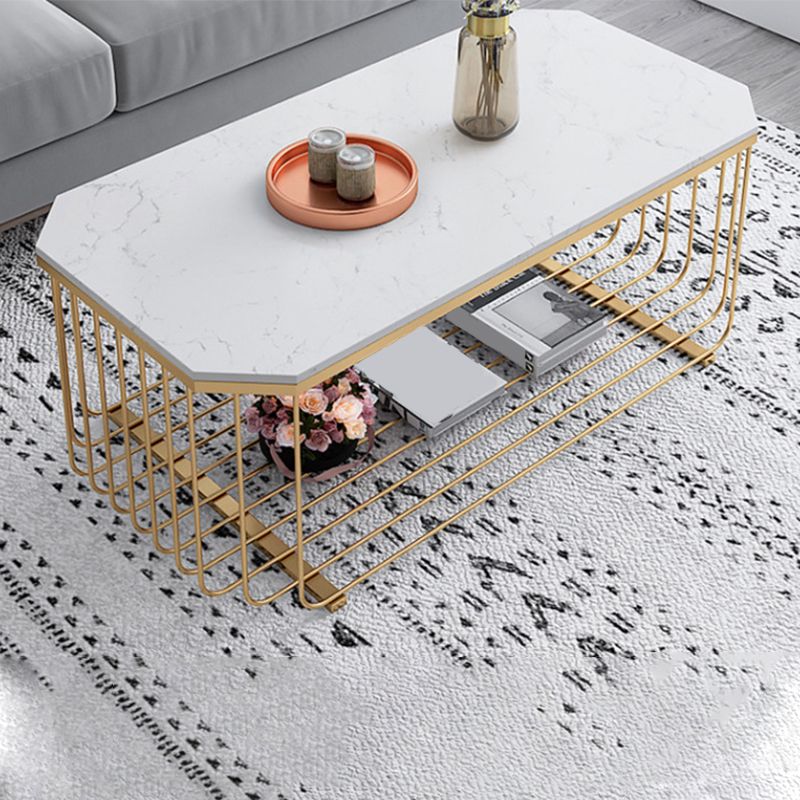 Glam Marble Top Coffee Table with Iron Base and Shelf Cocktail Table