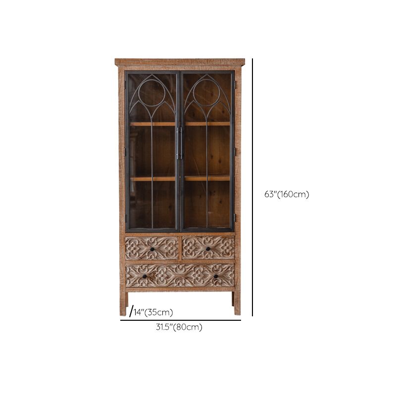 Distressed Brown Drawers Included Cabinet Glass Paned Wood & Iron Accent Cabinet