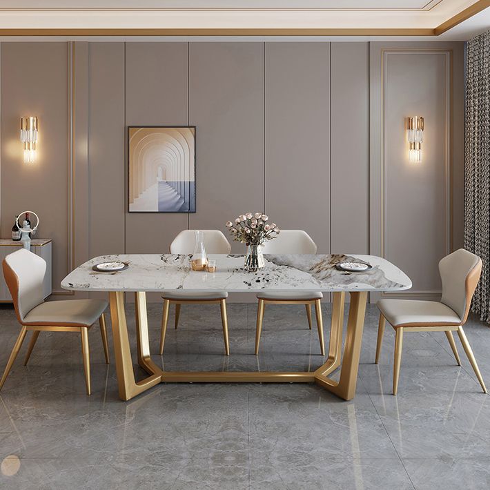 Traditional Luxury Sintered Stone Top Dining Table Rectangle Table with Gold Trestle Base Clearhalo ' dining_table' 'Dining Tables & Seating' 'Dining Tables' 'furn' 'furn_dining_table' 'Furniture' 'furniture_dining_table' 'Kitchen & Dining Furniture' 'kitchen&dining_furn' 'kitchen' 'kitchen_dining_table' 1200x1200_7330af04-2065-4b7f-8548-348a606e60a8