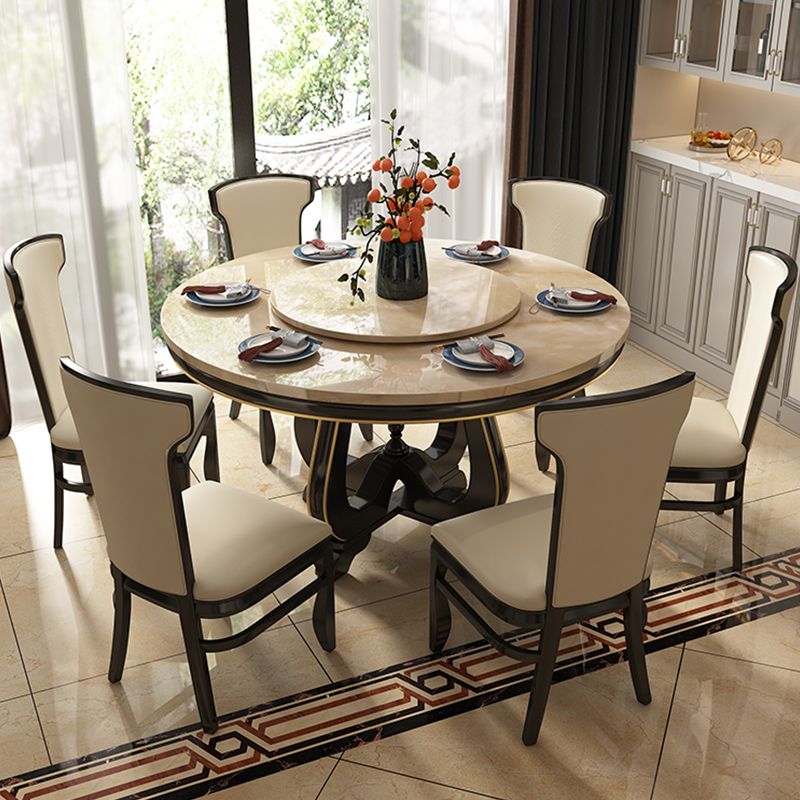 Eetkamertafel van imitatiemarmer, ronde eettafel met bruine basis voor de keuken
