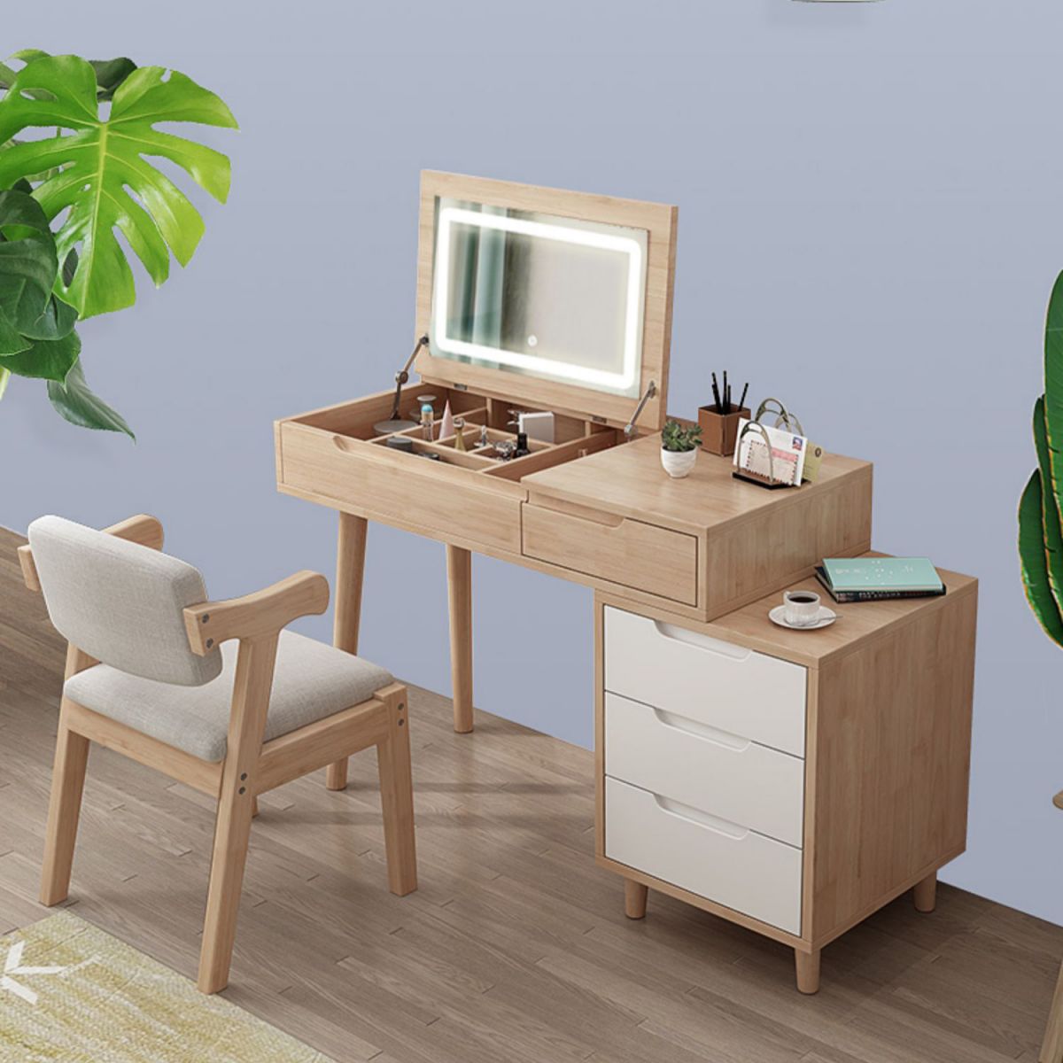 Tavolo da toeletta in legno di gomma moderno con sgabello da 1 mirror tavolo da vanità in legno