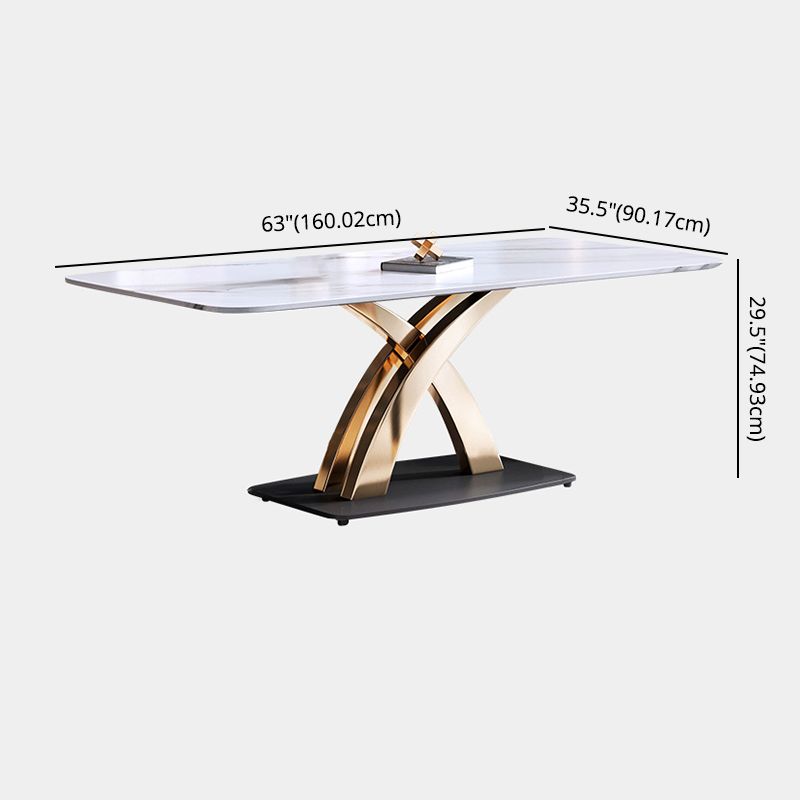 Contemporary Style Sintered Stone Dining Table with White Fixed Table and Gold Trestle Base Clearhalo 'Dining Room Sets' 'Dining Tables & Seating' 'dining_room_set' 'furn' 'furn_dining_room_set' 'Furniture' 'furniture_dining_room_set' 'Kitchen & Dining Furniture' 'kitchen&dining_furn' 'kitchen' 1200x1200_734d785e-9c0d-41d8-a719-063f2323ce55