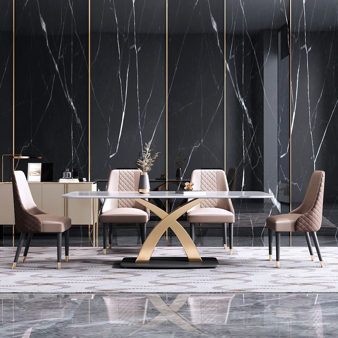 Contemporary Style Sintered Stone Dining Table with White Fixed Table and Gold Trestle Base Clearhalo 'Dining Room Sets' 'Dining Tables & Seating' 'dining_room_set' 'furn' 'furn_dining_room_set' 'Furniture' 'furniture_dining_room_set' 'Kitchen & Dining Furniture' 'kitchen&dining_furn' 'kitchen' 1200x1200_738b068c-f630-4a4a-85fb-f001d3b2b33b