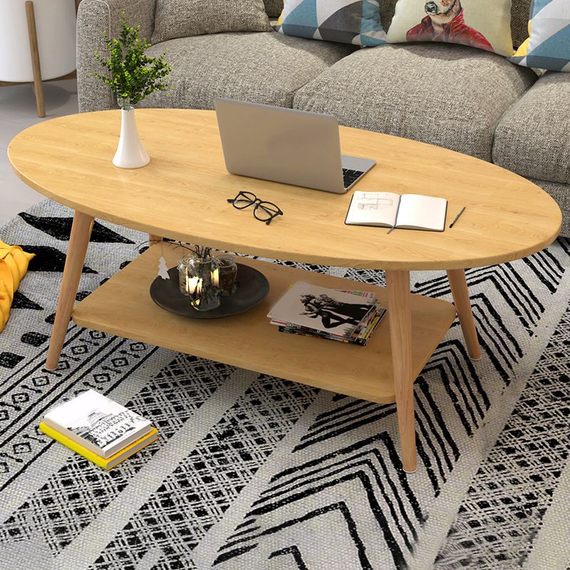 Tavolo da caffè in legno massiccio ovale moderno con scaffale di stoccaggio e 4 gambe