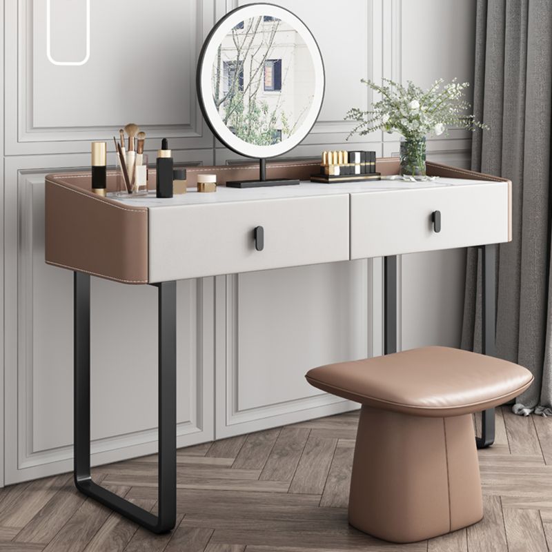2 Storage Drawers Vanity Table and Stool Set Faux Leather Dresser