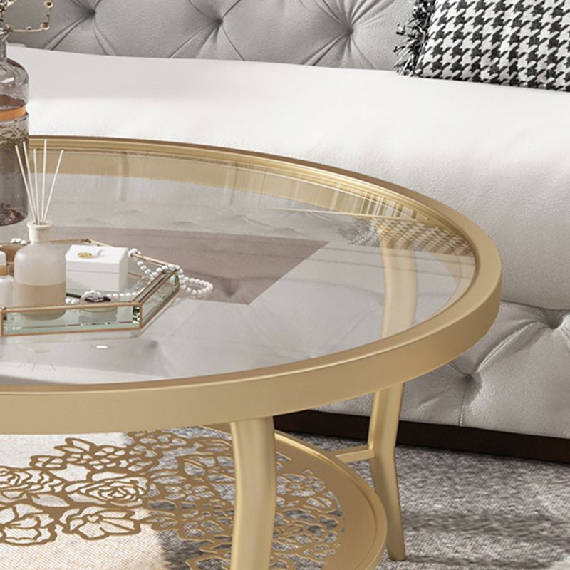 23.6"/17.7"H Modern 4 Legs Steel Base Glass Round Coffee Table with Shelf Clearhalo 'Coffee & Accent Tables' 'Coffee Tables' 'coffee_tables' 'furn' 'furn_coffee_tables' 'Furniture' 'furniture_coffee_tables' 'Living Room Furniture' 1200x1200_73fd0da0-75e3-4cb7-8065-ab8cd2a593f8