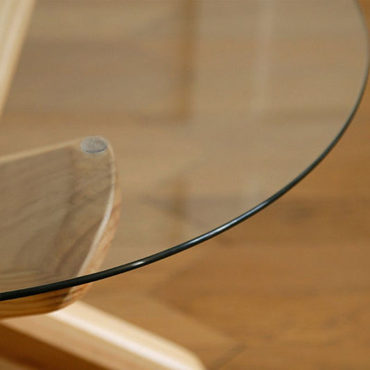 ラウンド1シングルコーヒーテーブル強化ガラス上部3脚ウッドカクテルテーブル