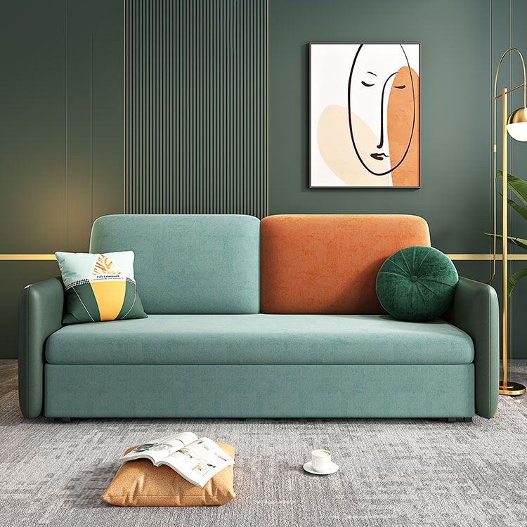 Square Arms Futon Foldable Pillow Included Green Sleeper Sofa with Storage