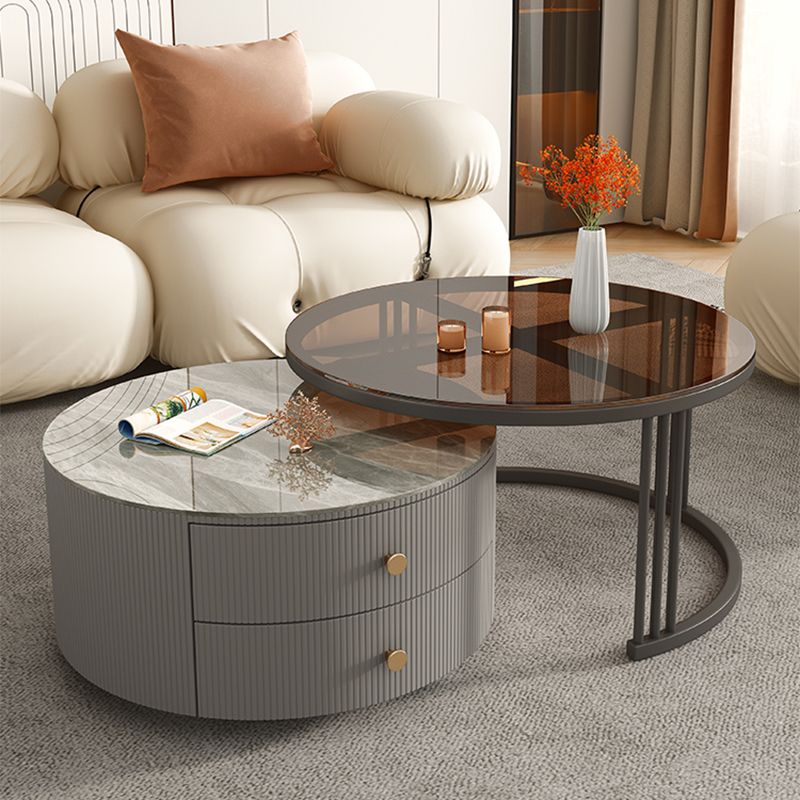 Metal Anb Glass Coffee Table Set Round Nesting Coffee Table Set with 2 Drawers Clearhalo 'Coffee & Accent Tables' 'Coffee Tables' 'coffee_tables' 'furn' 'furn_coffee_tables' 'Furniture' 'Living Room Furniture' 1200x1200_7481d24b-0cc3-4754-a163-a2b02b5ba8ba