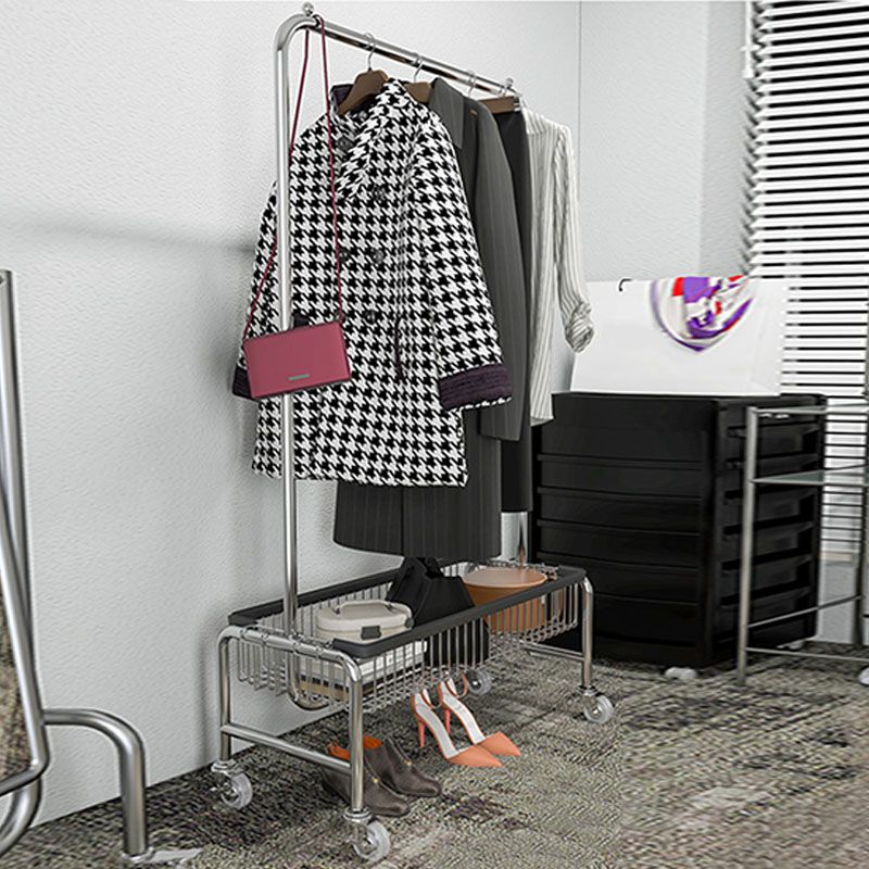 Industrial Metal Coat Rack Hanging Rail and Storage Basket Entryway Kit with Castors