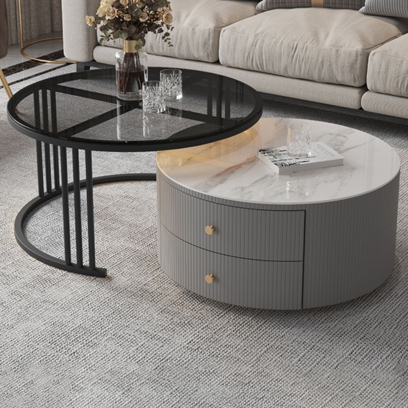 Contemporary Cocktail Table Round Glass / Slate Coffee Table with Drawers Clearhalo 'Coffee & Accent Tables' 'Coffee Tables' 'coffee_tables' 'furn' 'furn_coffee_tables' 'Furniture' 'Living Room Furniture' 1200x1200_74a6edd2-7b03-495b-a7ac-848a508f72f2