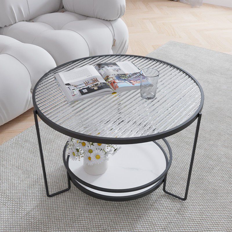 Round Cocktail Table Glass Top Single Coffee Table with Shelf Clearhalo 'Coffee & Accent Tables' 'Coffee Tables' 'coffee_tables' 'furn' 'furn_coffee_tables' 'Furniture' 'Living Room Furniture' 1200x1200_74af2bb4-d499-4d80-86ee-70d40224e42b