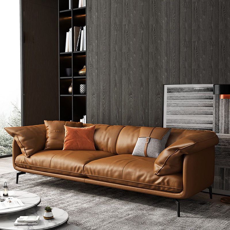 Modern Pillow Back Sofa Orange Genuine Leather Tuxedo Arm Sofa