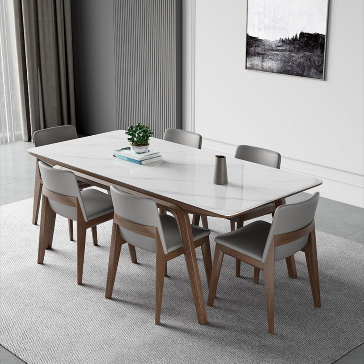 Mesa de comedor rectangular industrial Mesa de piedra sinterizada con patas de madera