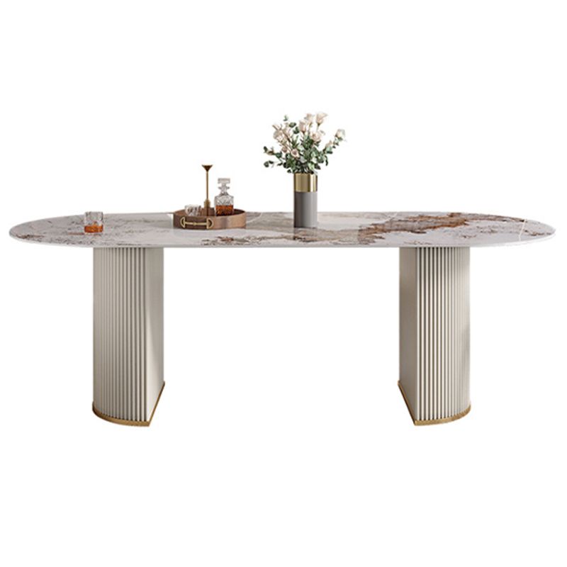 Contemporary Dining Table Stainless Steel Base Oval Double Pedestal Table for Home