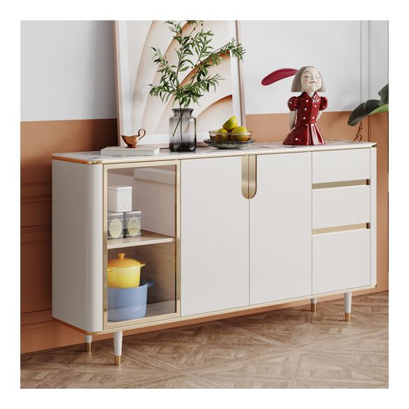 White Buffet Sideboard with Glass Doors Glam Dining Server with LED Lights