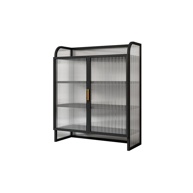 Aparador de acabado metálico con puertas de vidrio servidor de comedor glamoroso con patas de metal