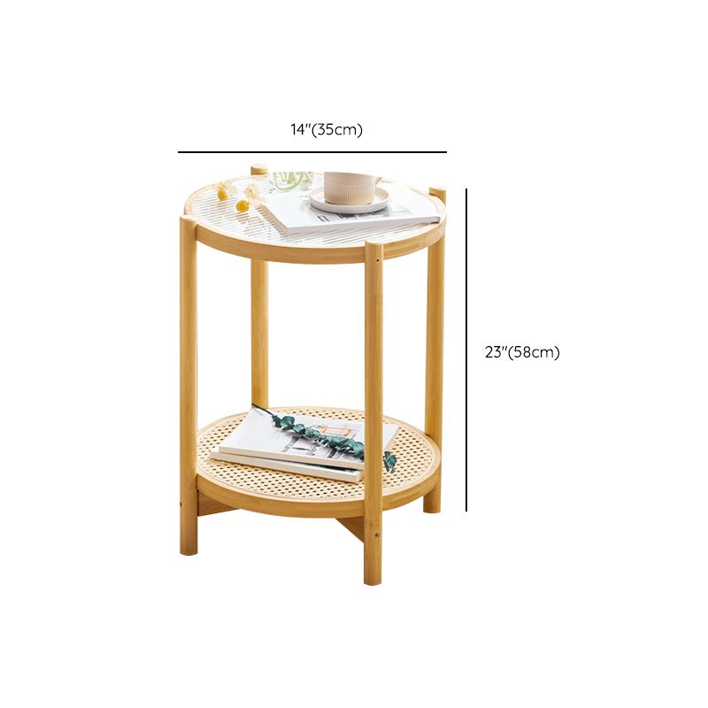 Wood 4 Legs Cocktail Table Round Glass Top Coffee Table with Shelf