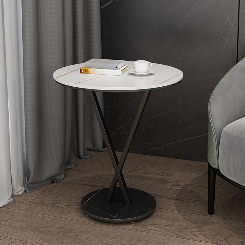 Modernistic Slate Top Round Side End Table Metal X-base End Table