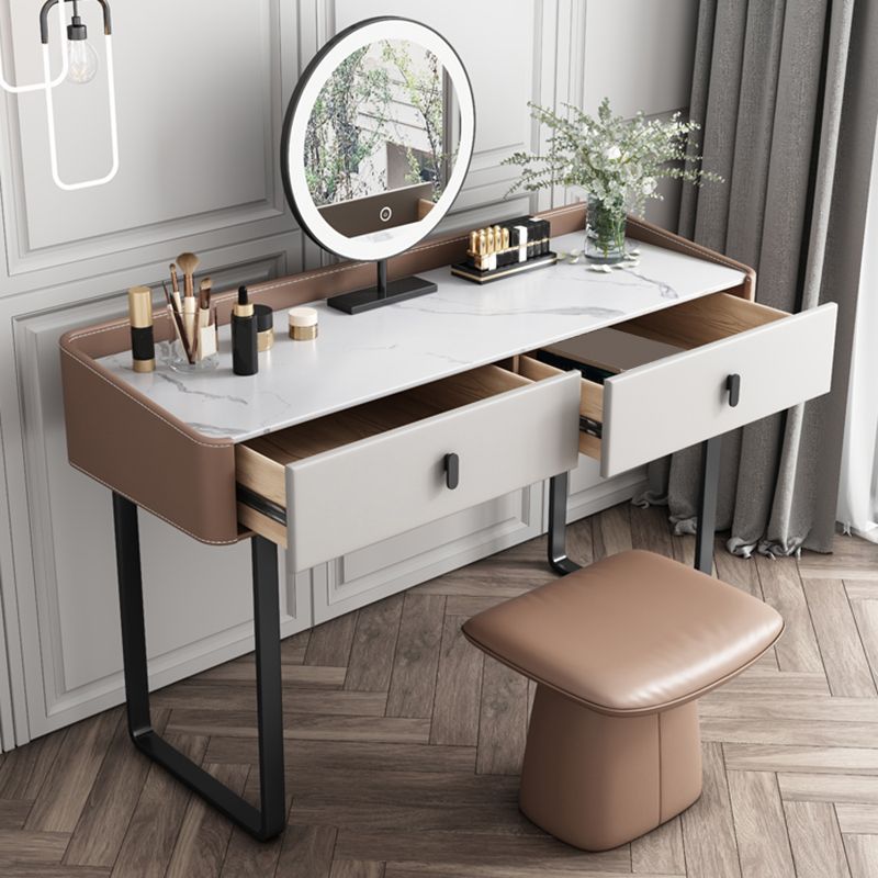 2 Storage Drawers Vanity Table and Stool Set Faux Leather Dresser