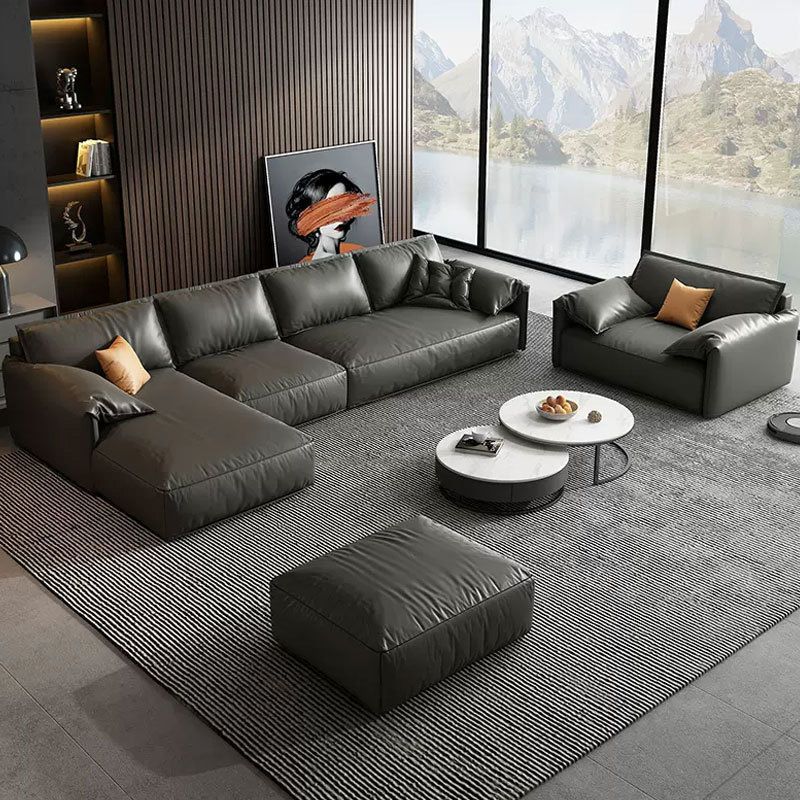 Echte lederen sectionals 70 "houtstationaire sectionals in zwart