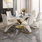 Traditional Luxury Dining Table Rectangle Sintered Stone Pedestal Table with Gold Frame Clearhalo ' dining_table' 'Dining Tables & Seating' 'Dining Tables' 'furn' 'furn_dining_table' 'Furniture' 'furniture_dining_table' 'Kitchen & Dining Furniture' 'kitchen&dining_furn' 'kitchen' 'kitchen_dining_table' 1200x1200_75859228-70e7-4786-8f2b-21e28dda0ad6