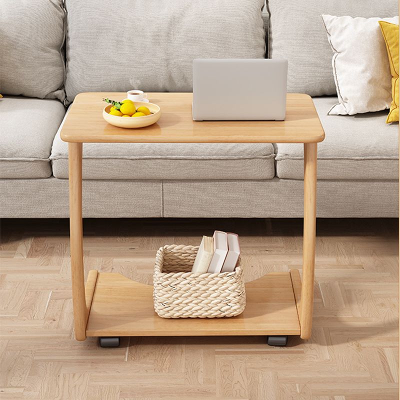 Nordic Style Rectangular Solid Wood Table with Wheel Base Coffee Table