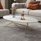 Mesa de centro estilo Glam con tapa de piedra ovalada y base de caballete de acero