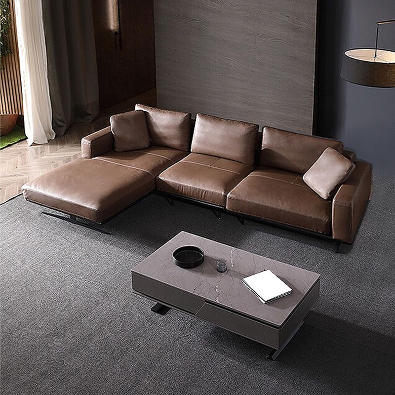 Square Arm Sofa and Chaise Genuine Leather Dark Brown Sectional for Living Room Clearhalo 'Furniture' 'kitchen' 'kitchen_sectionals' 'Living Room Furniture' 'Sectionals' 1200x1200_7601b597-e8a5-4485-a0b5-7b332a7aa3bf