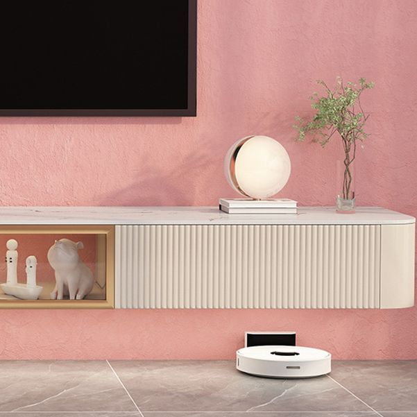 Console televisiva contemporanea con cassetti in pietra e supporto TV in legno