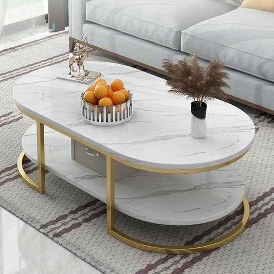 Modern Oval Marble Imitation Coffee Table with Metal Legs in Black/White with Shelf Clearhalo 'Coffee & Accent Tables' 'Coffee Tables' 'coffee_tables' 'Furniture' 'furniture_coffee_tables' 'Living Room Furniture' 1200x1200_761df4e4-d4c7-4f06-b807-f5de381b1c6c