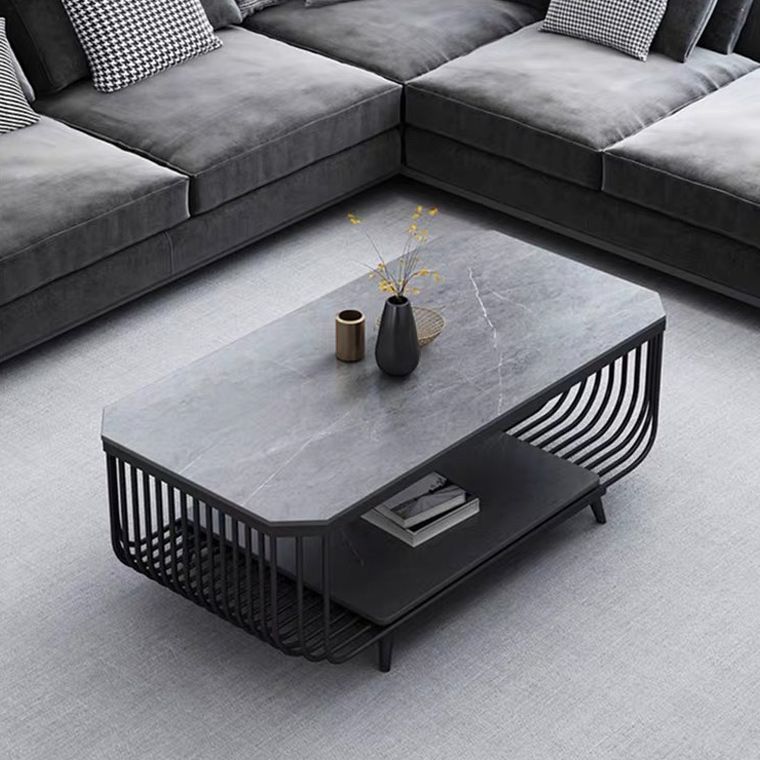 17.7" H Glam Rectangle Slate Coffee Table Iron 4 Legs Cocktail Table with Shelf Clearhalo 'Coffee & Accent Tables' 'Coffee Tables' 'coffee_tables' 'furn' 'furn_coffee_tables' 'Furniture' 'Living Room Furniture' 1200x1200_762708ff-523b-4903-928a-15a754a3c594