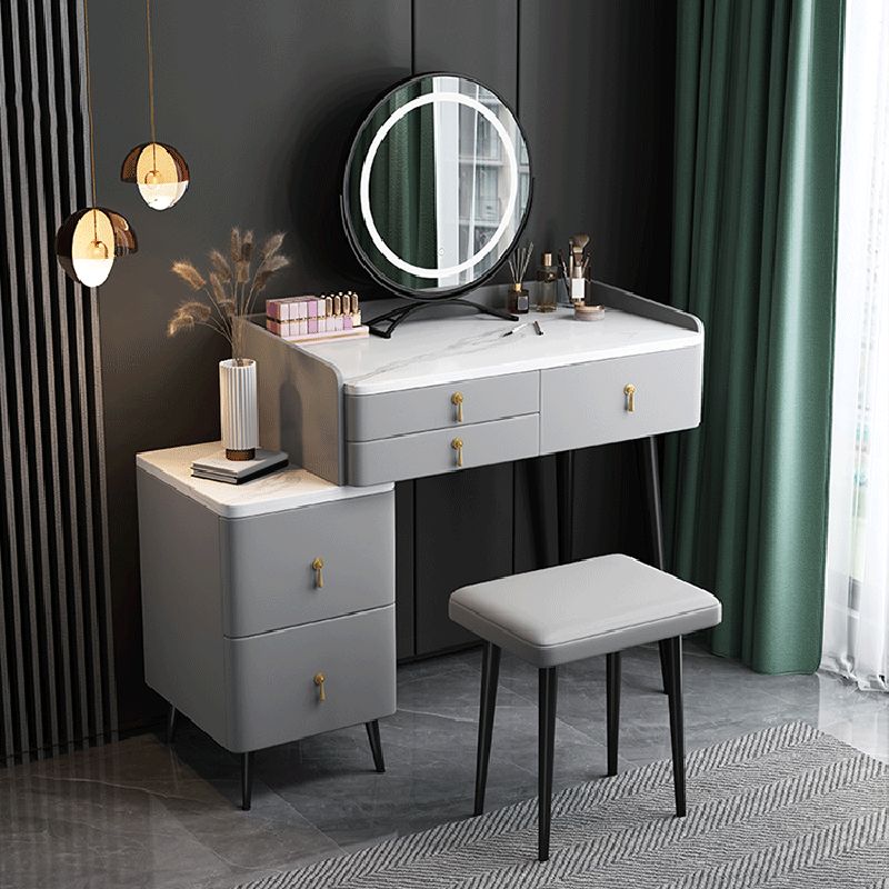 Wood and Metal Vanity Table with Stone Top Makeup Desk in Grey/Orange