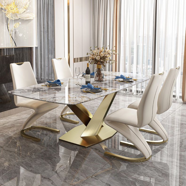 Traditional Luxury Dining Table Rectangle Sintered Stone Pedestal Table with Gold Frame Clearhalo ' dining_table' 'Dining Tables & Seating' 'Dining Tables' 'furn' 'furn_dining_table' 'Furniture' 'furniture_dining_table' 'Kitchen & Dining Furniture' 'kitchen&dining_furn' 'kitchen' 'kitchen_dining_table' 1200x1200_7650132a-6cbc-4d9e-8103-4f1485c405da
