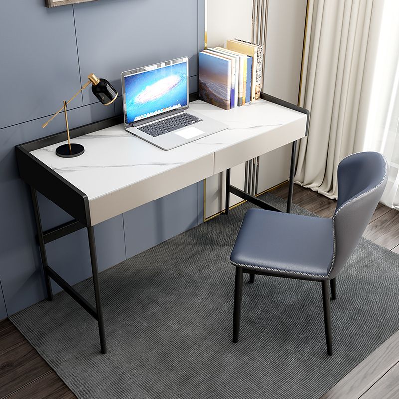 Modern Stone Rectangular Writing Desk 2-Drawers White Office Desk with H-Base Clearhalo 'furn' 'furn_office_desk' 'Furniture' 'Office Desks' 'Office Furniture' 'office_desk' 1200x1200_7665b087-7df9-475f-b3f6-a2f683df016b