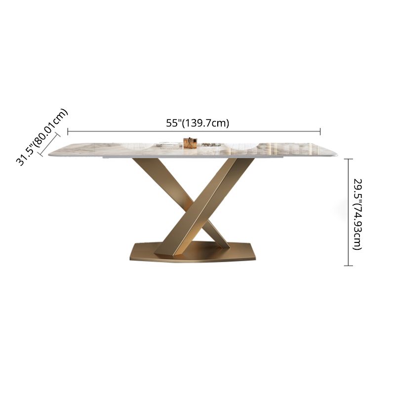 Modern Style Sintered Stone Dining Table with White Table and Gold Trestle Base for Home Use Clearhalo 'Dining Room Sets' 'Dining Tables & Seating' 'dining_room_set' 'furn' 'furn_dining_room_set' 'Furniture' 'furniture_dining_room_set' 'Kitchen & Dining Furniture' 'kitchen&dining_furn' 'kitchen' 1200x1200_766b071e-052b-4e0c-ae47-e7bc6068c03a
